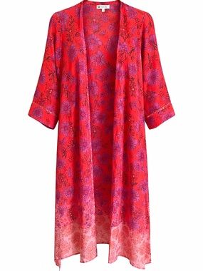 Jessica Simpson Red Floral Satin Kimono Robe with Purple Bloom Print